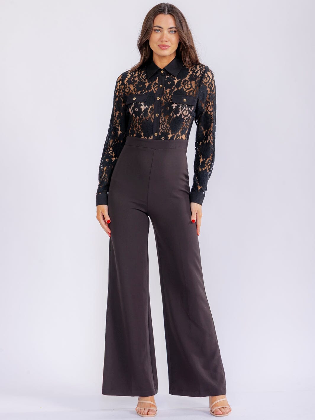 WOMEN'S LONG SLEEVE BUTTON UP LACE CONTRAST WIDE LEG JUMPSUIT