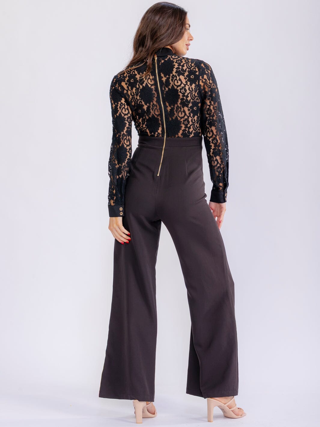 WOMEN'S LONG SLEEVE BUTTON UP LACE CONTRAST WIDE LEG JUMPSUIT