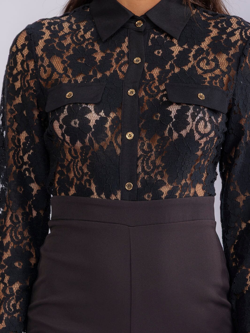 WOMEN'S LONG SLEEVE BUTTON UP LACE CONTRAST WIDE LEG JUMPSUIT