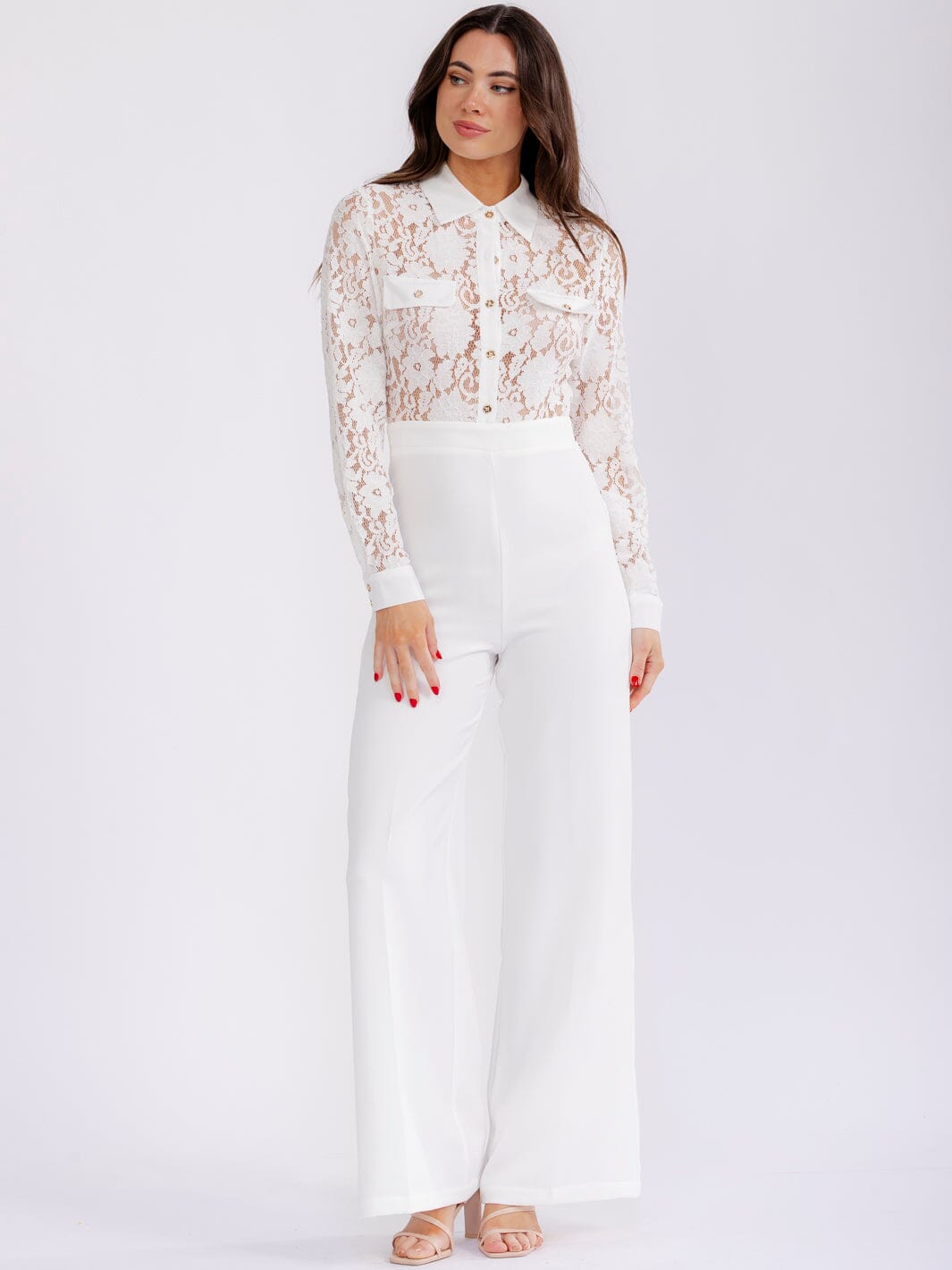 WOMEN'S LONG SLEEVE BUTTON UP LACE CONTRAST WIDE LEG JUMPSUIT