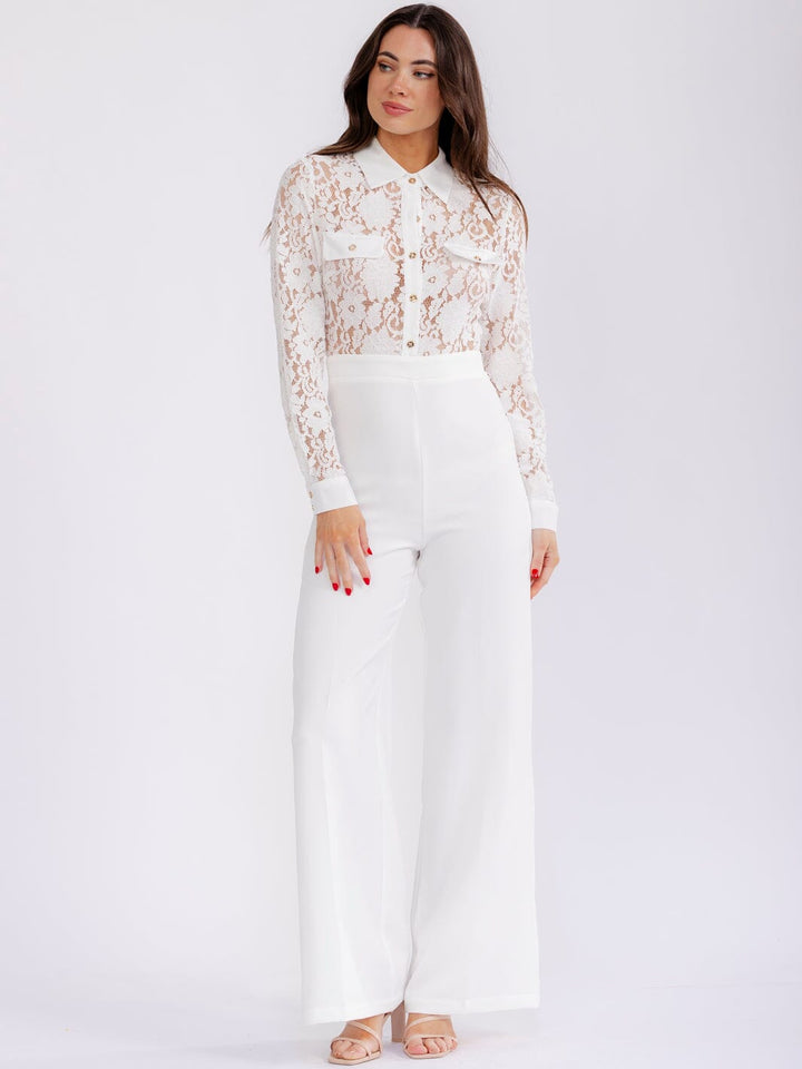 WOMEN'S LONG SLEEVE BUTTON UP LACE CONTRAST WIDE LEG JUMPSUIT
