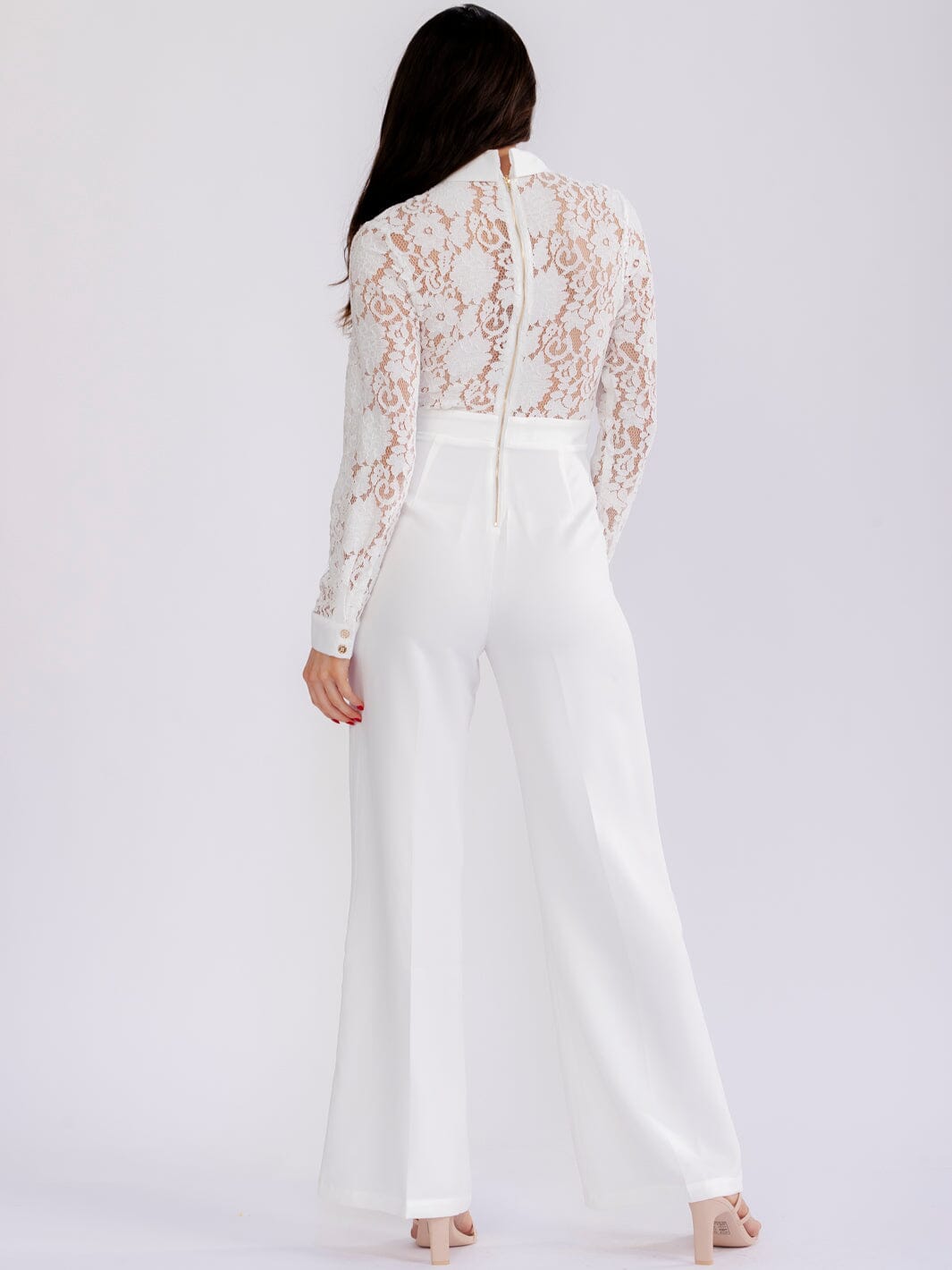 WOMEN'S LONG SLEEVE BUTTON UP LACE CONTRAST WIDE LEG JUMPSUIT