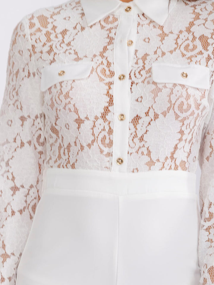 WOMEN'S LONG SLEEVE BUTTON UP LACE CONTRAST WIDE LEG JUMPSUIT