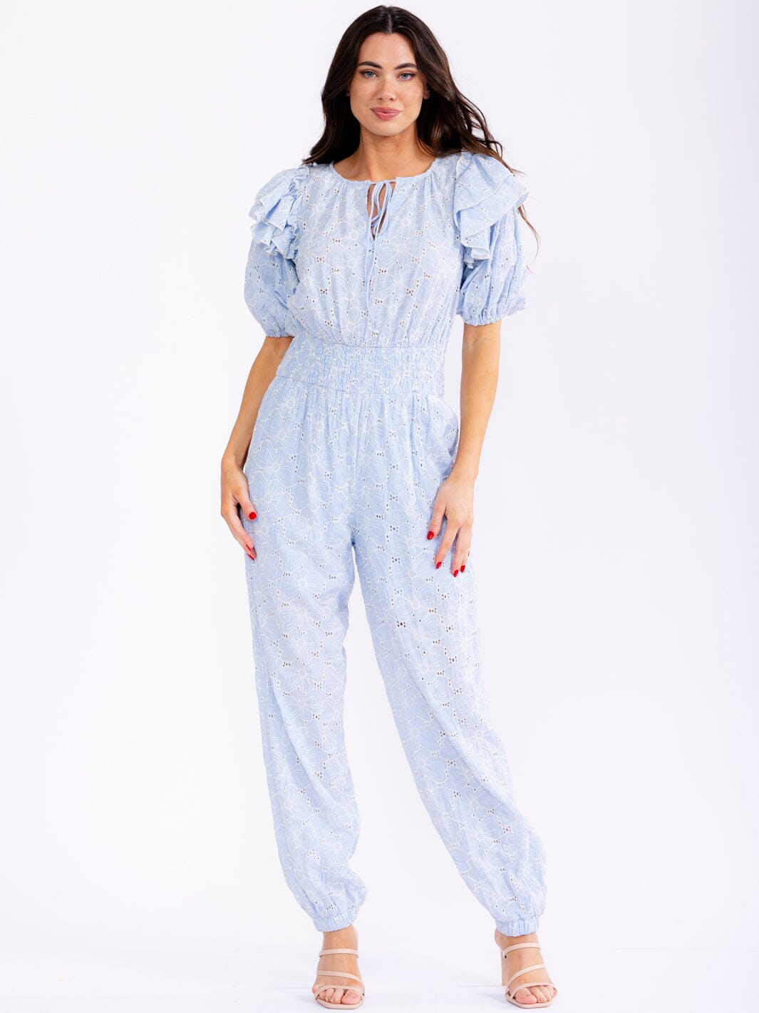 WOMEN'S SHORT PUFF SLEEVE SMOCK WAIST POCKETS FLORAL EYELET JOGGER LEG JUMPSUIT