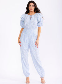 WOMEN'S SHORT PUFF SLEEVE SMOCK WAIST POCKETS FLORAL EYELET JOGGER LEG JUMPSUIT