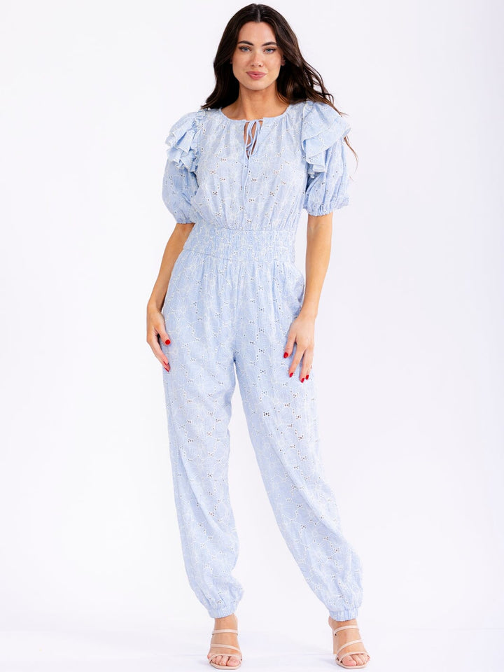 WOMEN'S SHORT PUFF SLEEVE SMOCK WAIST POCKETS FLORAL EYELET JOGGER LEG JUMPSUIT