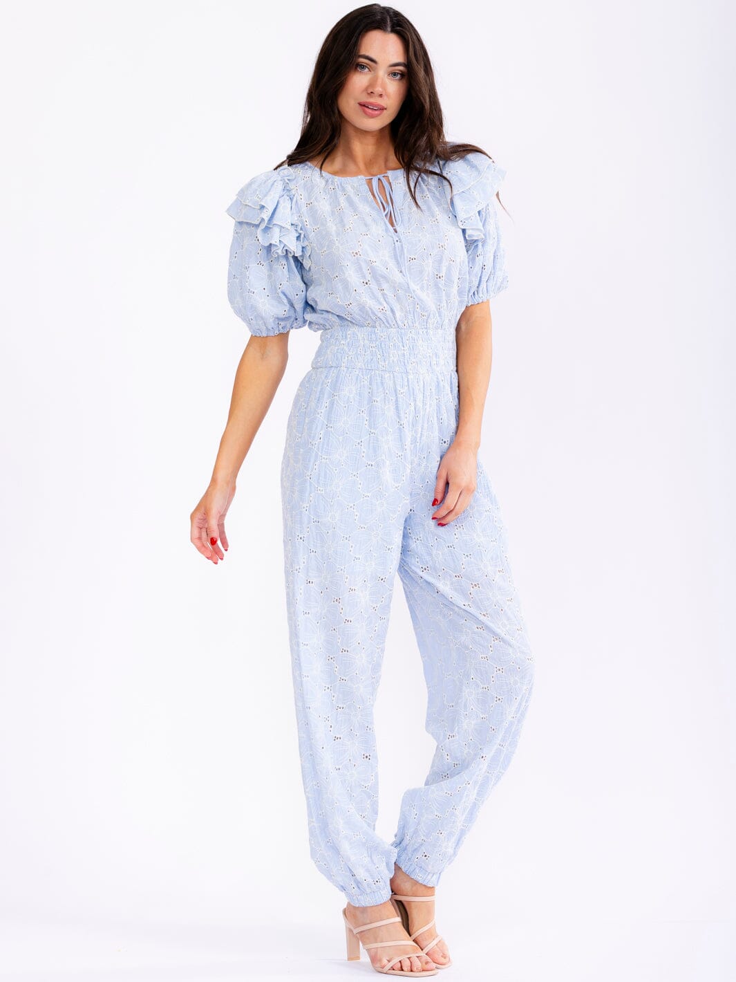 WOMEN'S SHORT PUFF SLEEVE SMOCK WAIST POCKETS FLORAL EYELET JOGGER LEG JUMPSUIT