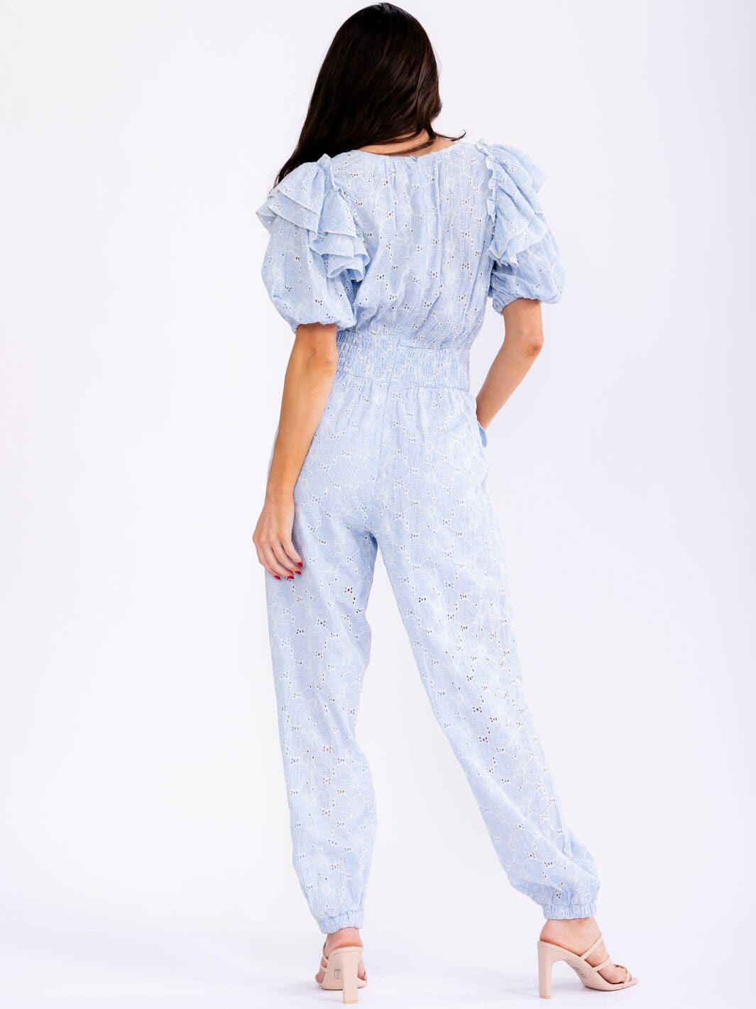 WOMEN'S SHORT PUFF SLEEVE SMOCK WAIST POCKETS FLORAL EYELET JOGGER LEG JUMPSUIT