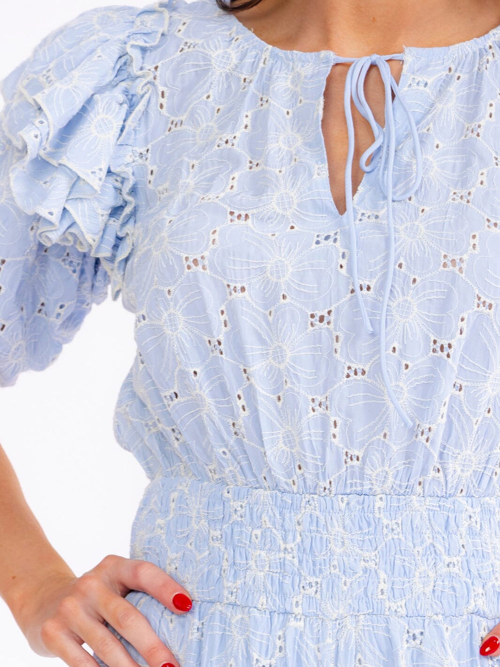 WOMEN'S SHORT PUFF SLEEVE SMOCK WAIST POCKETS FLORAL EYELET JOGGER LEG JUMPSUIT