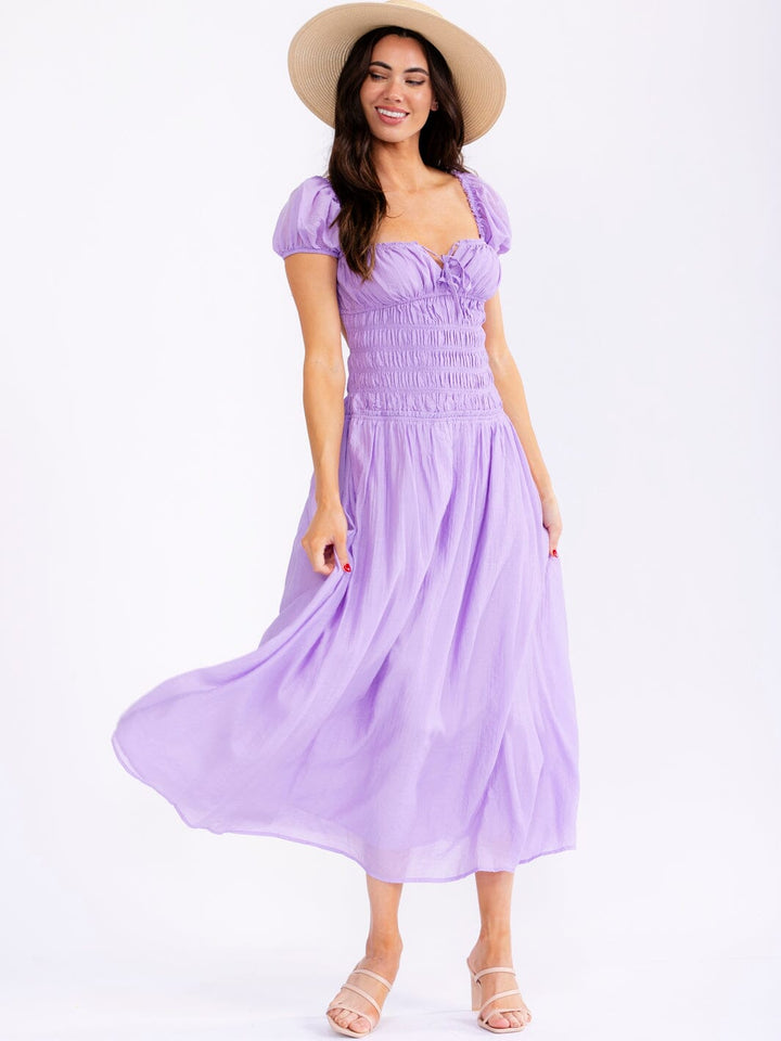 WOMEN'S SHORT SLEEVE SQUARE NECK ELASTIC WAIST OPEN BACK MAXI DRESS