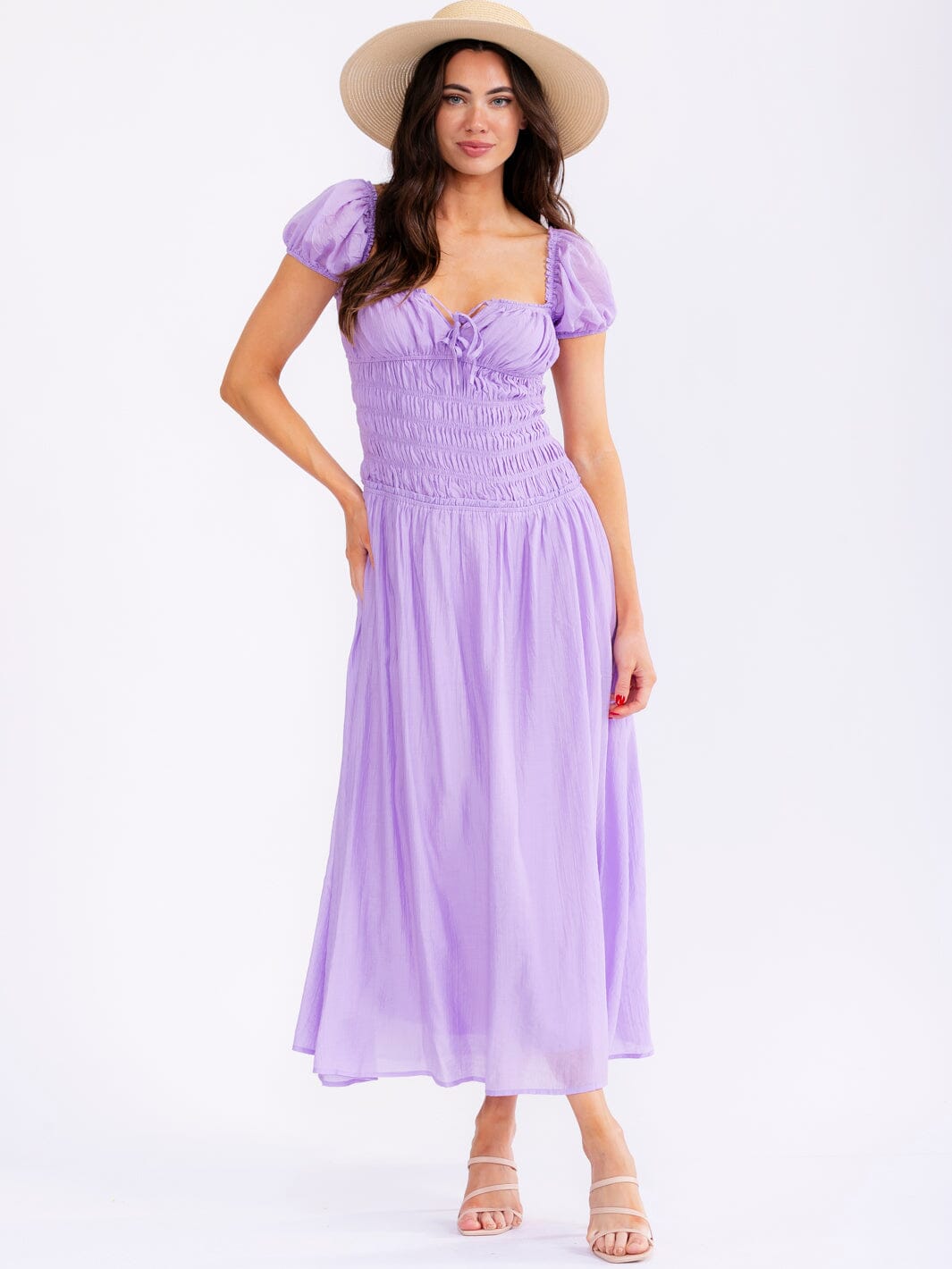 WOMEN'S SHORT SLEEVE SQUARE NECK ELASTIC WAIST OPEN BACK MAXI DRESS