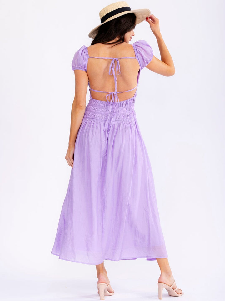 WOMEN'S SHORT SLEEVE SQUARE NECK ELASTIC WAIST OPEN BACK MAXI DRESS