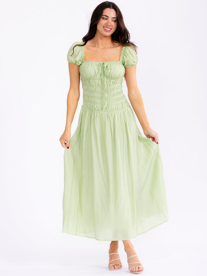 WOMEN'S SHORT SLEEVE SQUARE NECK ELASTIC WAIST OPEN BACK MAXI DRESS