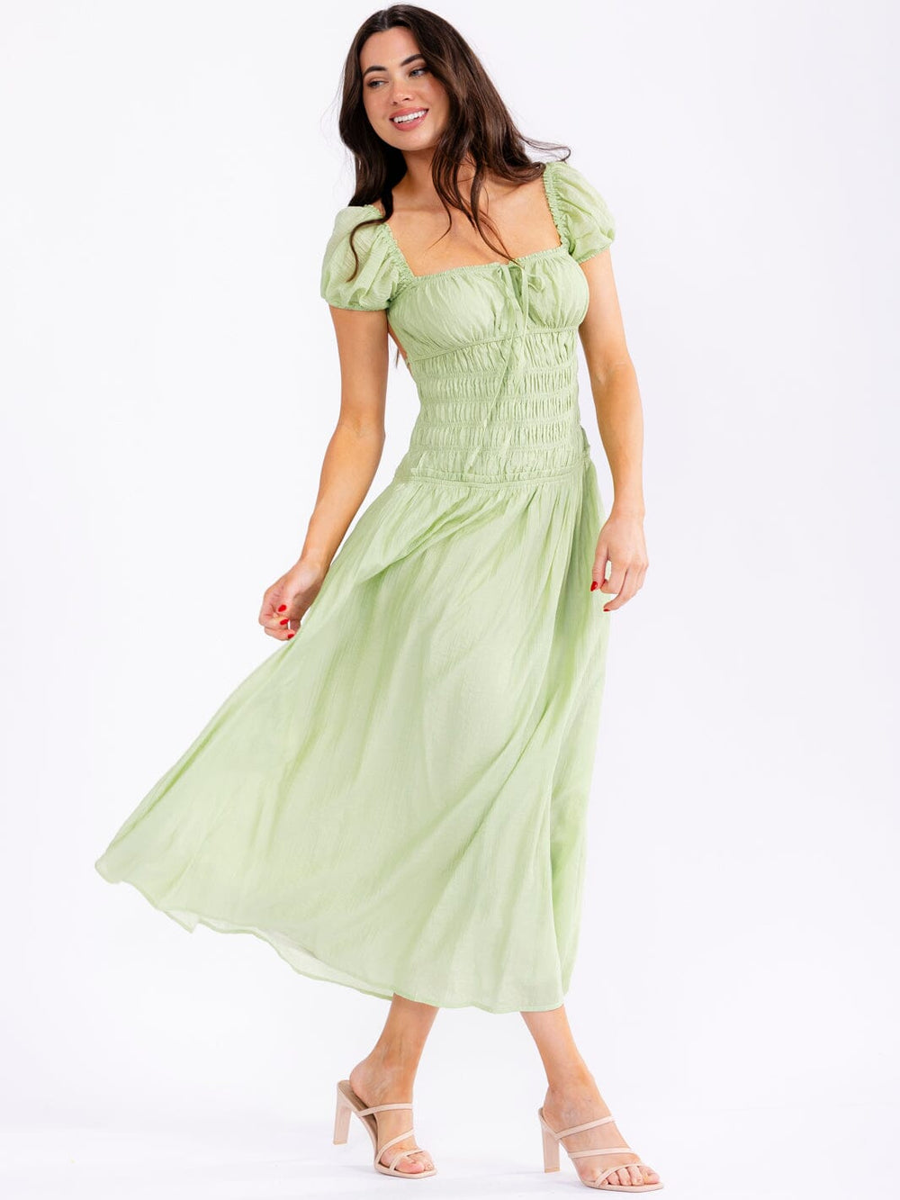 WOMEN'S SHORT SLEEVE SQUARE NECK ELASTIC WAIST OPEN BACK MAXI DRESS