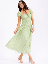 WOMEN'S SHORT SLEEVE SQUARE NECK ELASTIC WAIST OPEN BACK MAXI DRESS