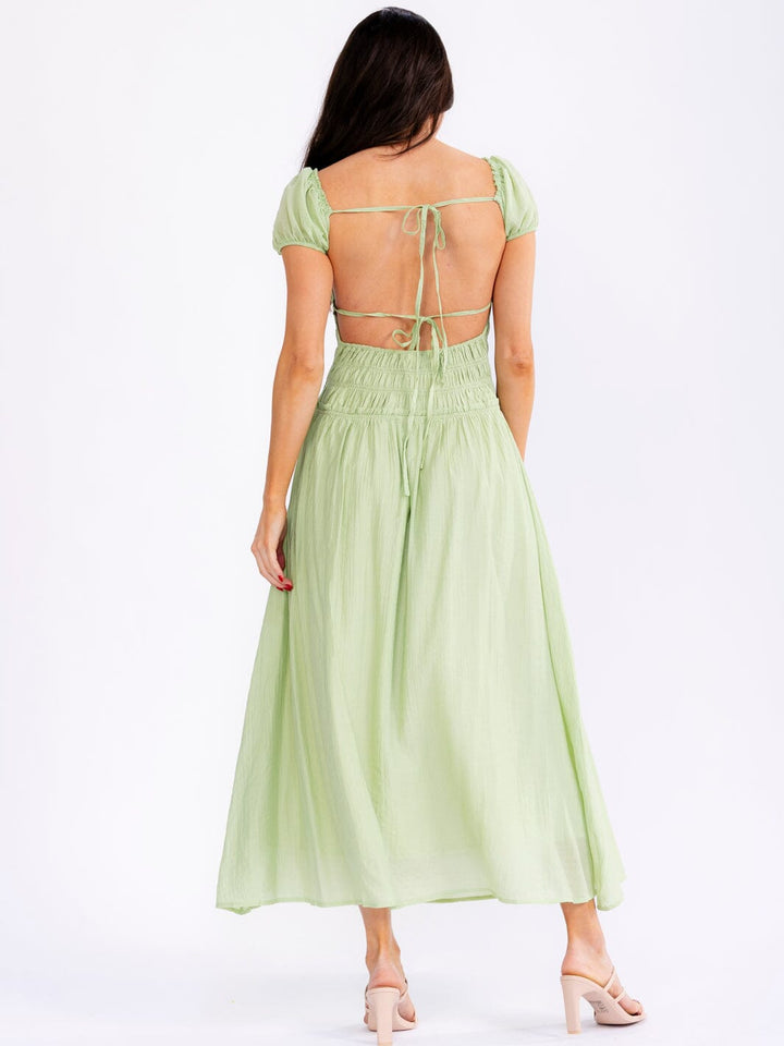 WOMEN'S SHORT SLEEVE SQUARE NECK ELASTIC WAIST OPEN BACK MAXI DRESS