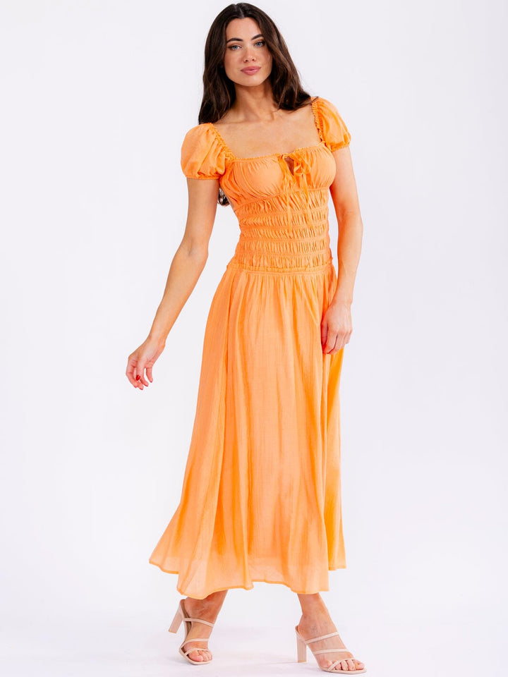 WOMEN'S SHORT SLEEVE SQUARE NECK ELASTIC WAIST OPEN BACK MAXI DRESS