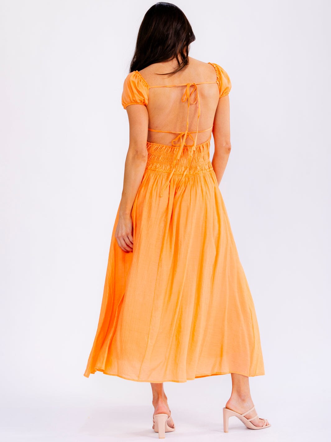WOMEN'S SHORT SLEEVE SQUARE NECK ELASTIC WAIST OPEN BACK MAXI DRESS
