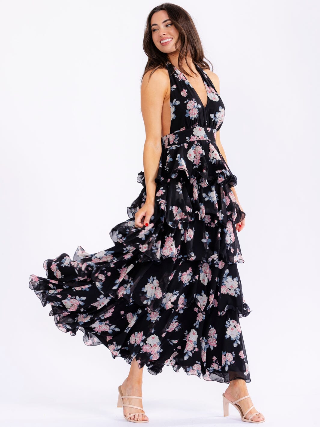 WOMEN'S SLEEVELESS HALTER NECK OPEN BACK RUFFLE TIERED FLORAL MAXI DRESS