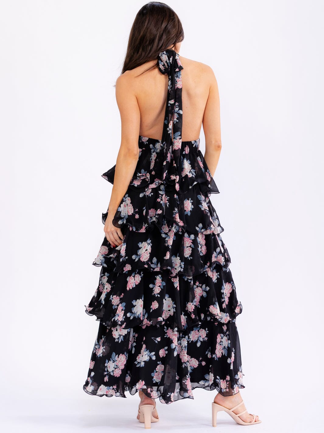 WOMEN'S SLEEVELESS HALTER NECK OPEN BACK RUFFLE TIERED FLORAL MAXI DRESS