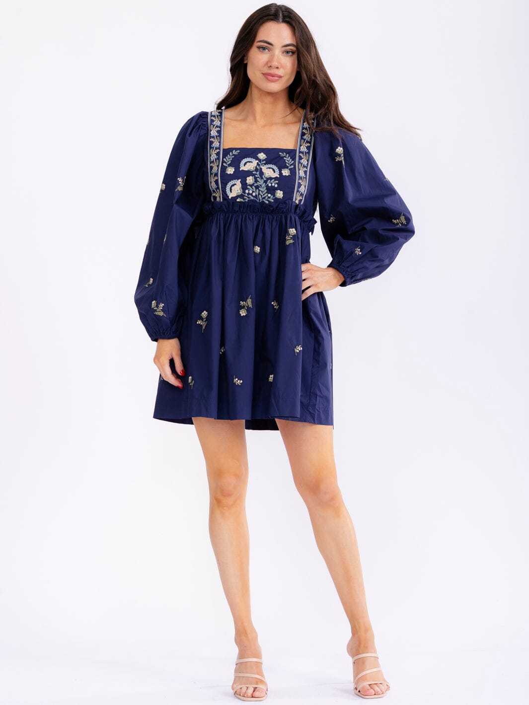WOMEN'S LONG SLEEVE SQUARE NECK FLORAL EMBROIDERY MINI DRESS