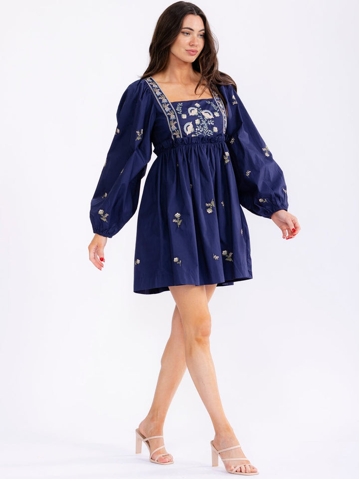 WOMEN'S LONG SLEEVE SQUARE NECK FLORAL EMBROIDERY MINI DRESS