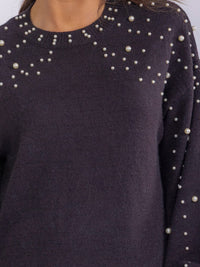 WOMEN'S LONG SLEEVE PEARL DETAILED SWEATER MINI DRESS