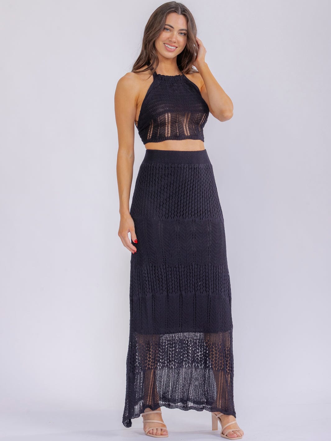 WOMEN'S HALTER NECK TOP & ELASTIC WAIST MAXI SKIRT KNITTED 2PC. SET