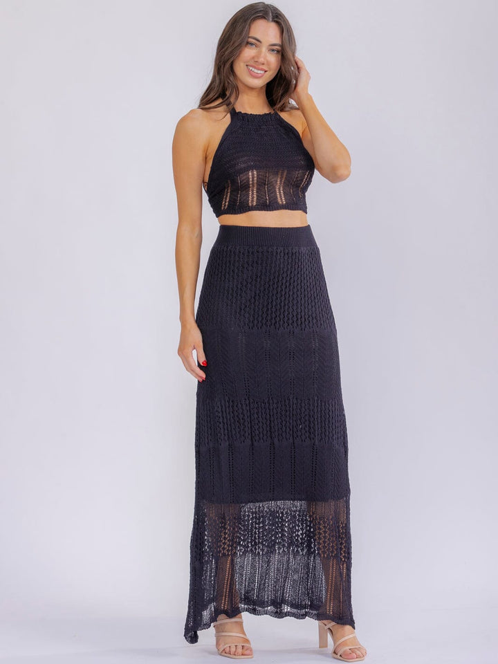 WOMEN'S HALTER NECK TOP & ELASTIC WAIST MAXI SKIRT KNITTED 2PC. SET