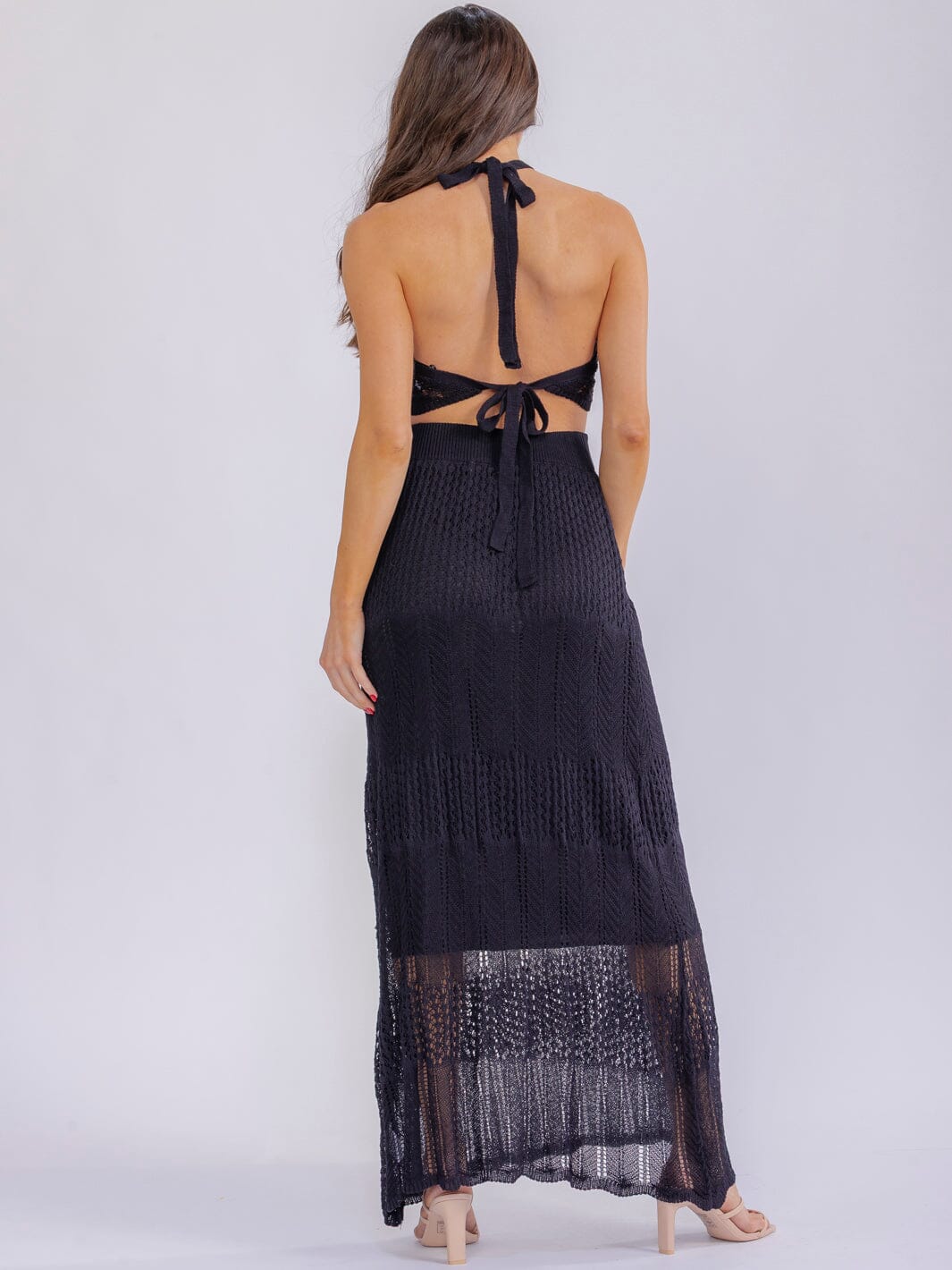 WOMEN'S HALTER NECK TOP & ELASTIC WAIST MAXI SKIRT KNITTED 2PC. SET