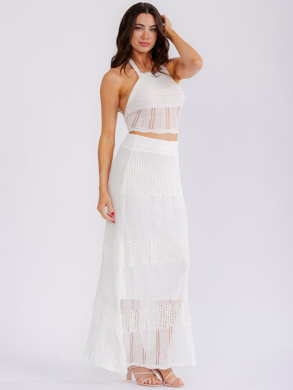 WOMEN'S HALTER NECK TOP & ELASTIC WAIST MAXI SKIRT KNITTED 2PC. SET