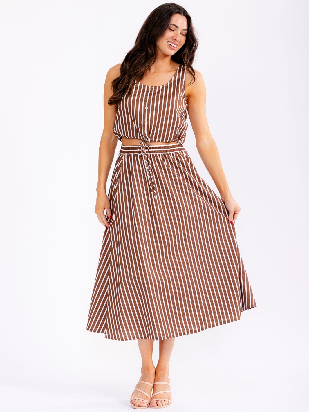 WOMEN'S SLEEVELESS CROP TOP & ELASTIC WAIST MAXI SKIRT STRIPES 2PC. SET