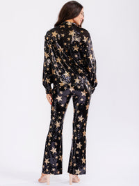 WOMEN'S LONG SLEEVE BUTTON UP TOP & ELASTIC WAIST BELL LEG PANTS STARS SEQUINS 2PC. SET