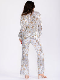 WOMEN'S LONG SLEEVE BUTTON UP TOP & ELASTIC WAIST BELL LEG PANTS STARS SEQUINS 2PC. SET