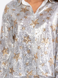 WOMEN'S LONG SLEEVE BUTTON UP TOP & ELASTIC WAIST BELL LEG PANTS STARS SEQUINS 2PC. SET