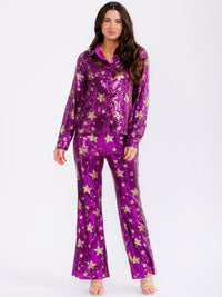 WOMEN'S LONG SLEEVE BUTTON UP TOP & ELASTIC WAIST BELL LEG PANTS STARS SEQUINS 2PC. SET