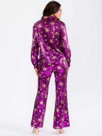 WOMEN'S LONG SLEEVE BUTTON UP TOP & ELASTIC WAIST BELL LEG PANTS STARS SEQUINS 2PC. SET