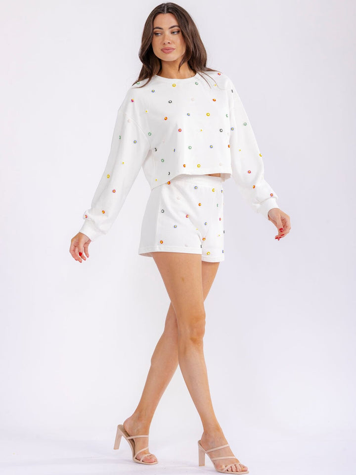 WOMEN'S LONG SLEEVE SWEATER & ELASTIC WAIST MINI SHORTS BEATS FLORAL 2PC. SET