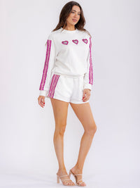 WOMEN'S LONG SLEEVE SWEATER & ELASTIC WAIST MINI SHORTS SEQUINS HEARTS 2PC. SET