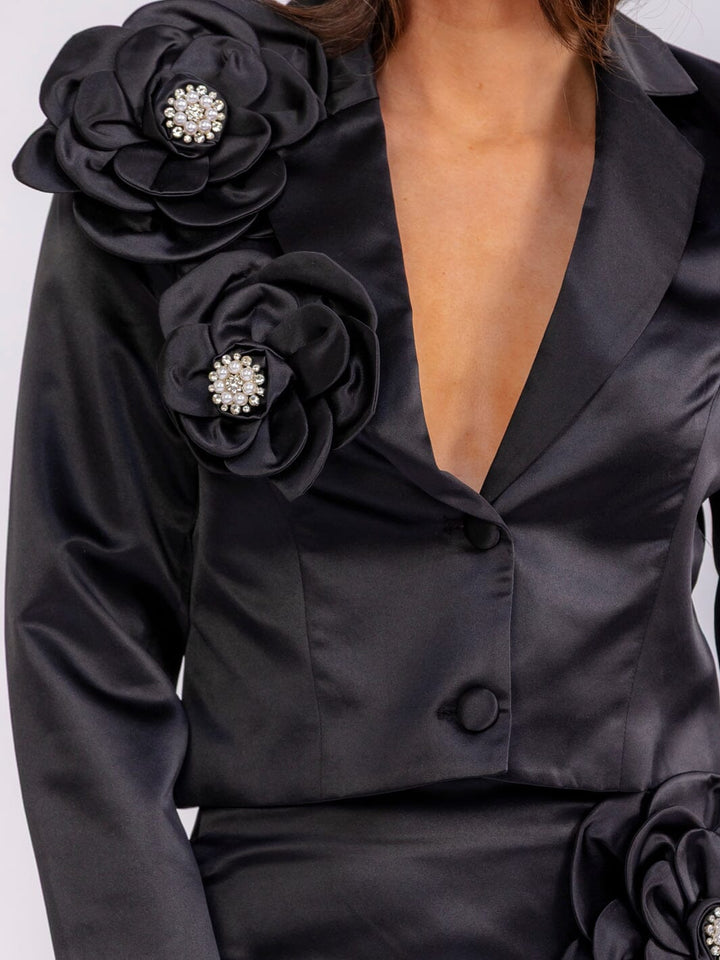 WOMEN'S LONG SLEEVE BLAZER & ZIP UP MINI SKIRT FLOWER DETAILED 2PC. SET