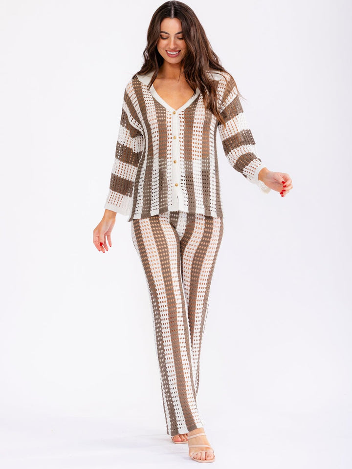 WOMEN'S LONG SLEEVE TOP & ELASTIC WAIST PANTS COLORBLOCK KNIT 2PC. SET