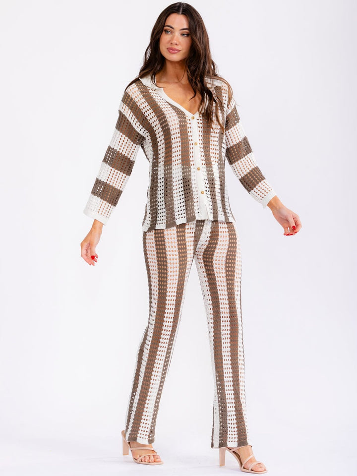 WOMEN'S LONG SLEEVE TOP & ELASTIC WAIST PANTS COLORBLOCK KNIT 2PC. SET