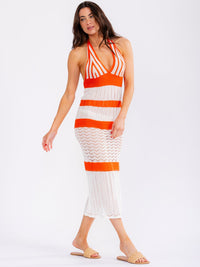 WOMEN'S SLEEVELESS V-NECK OPEN BACK TIERED CROCHET COLORBLOCK MAXI DRESS