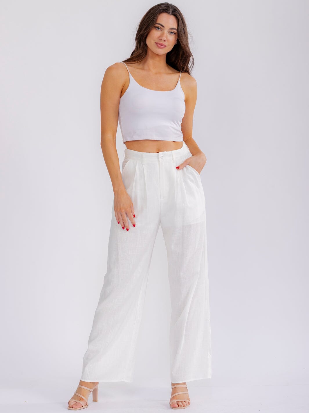 WOMEN'S BUTTON CLOSURE POCKETS WIDE LEG SOLID PANTS