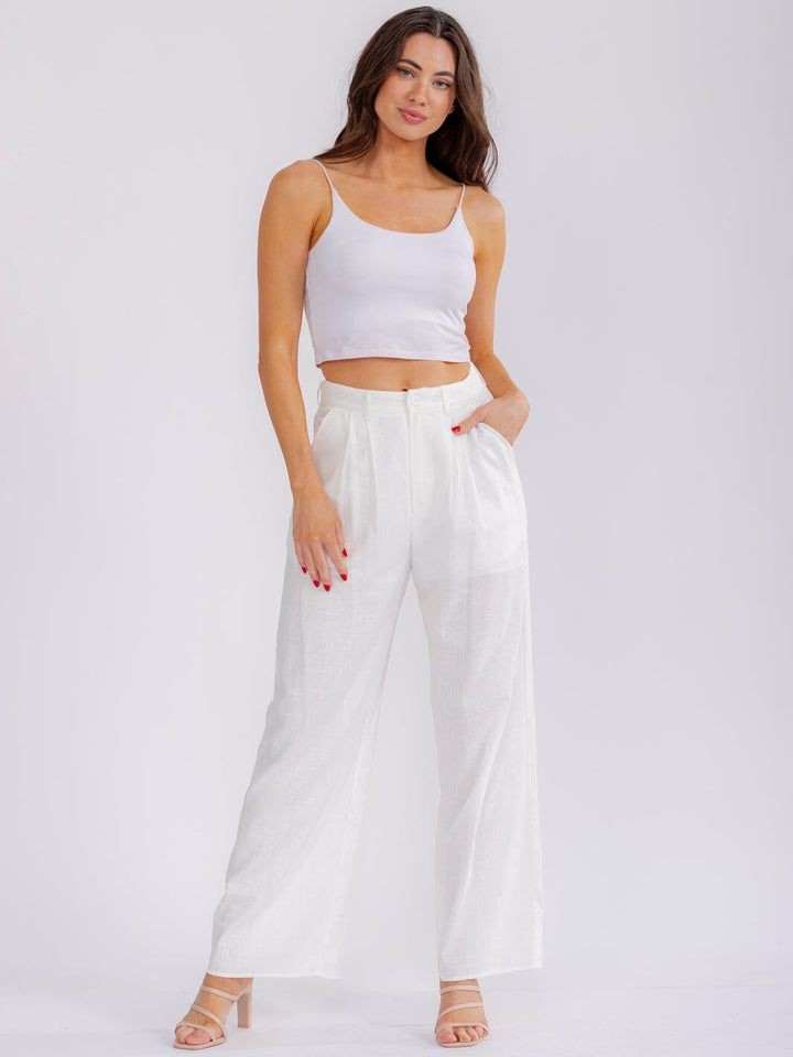 WOMEN'S BUTTON CLOSURE POCKETS WIDE LEG SOLID PANTS