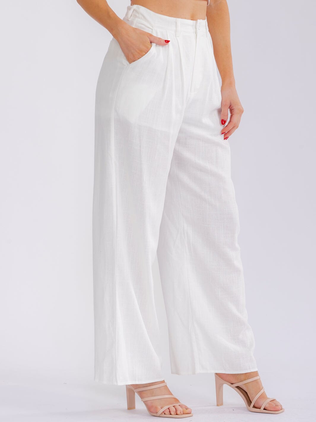 WOMEN'S BUTTON CLOSURE POCKETS WIDE LEG SOLID PANTS