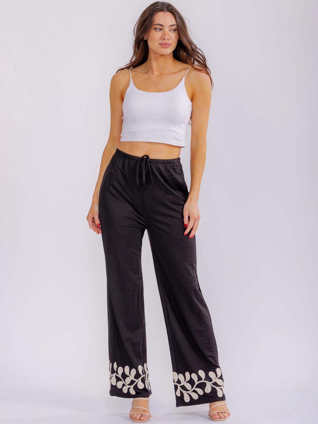 WOMEN'S ELASTIC WAIST POCKETS STRAIGHT LEG EMBROIDERY PANTS