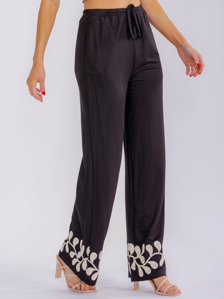 WOMEN'S ELASTIC WAIST POCKETS STRAIGHT LEG EMBROIDERY PANTS