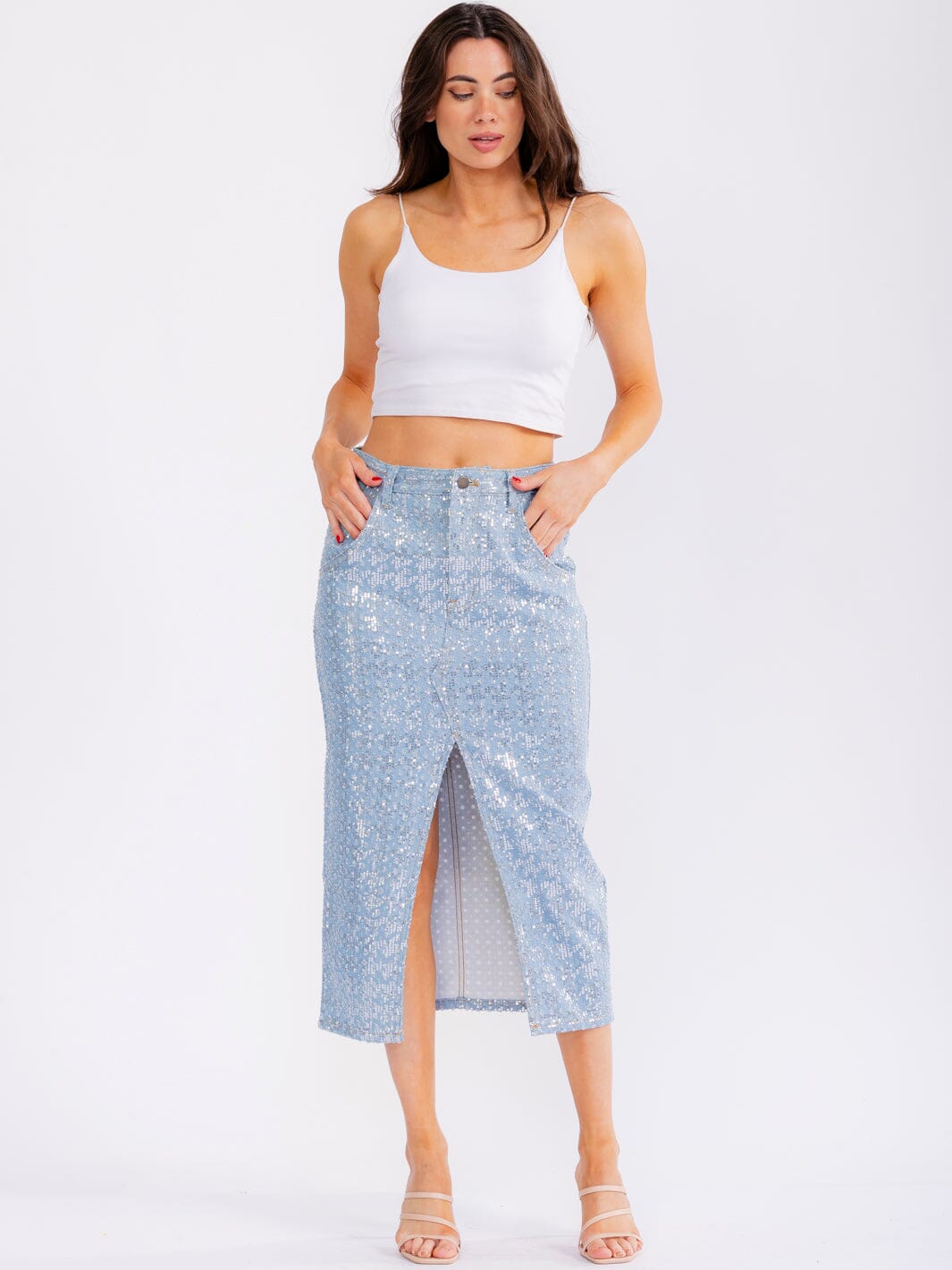 WOMEN'S BUTTON CLOSURE FRONT SLIT POCKETS RHINESTONES DENIM MAXI SKIRT