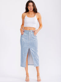 WOMEN'S BUTTON CLOSURE FRONT SLIT POCKETS RHINESTONES DENIM MAXI SKIRT